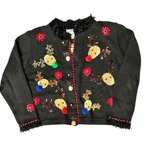 Jack B. Quick Vintage Christmas Sweater Reindeer Bells Poinsettias Size Medium
